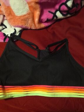 PINK Victoria's Secret Black Ribbed Bralette with Neon Rainbow Bands